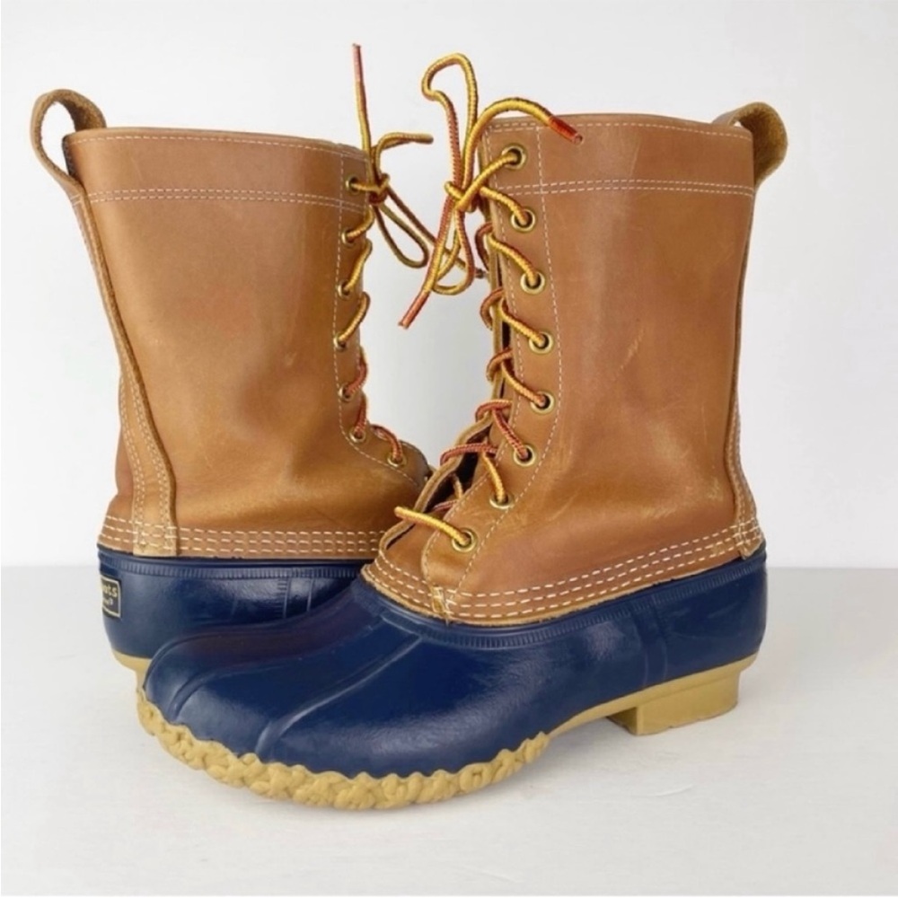 LL Bean Vintage Leather Tan Blue Eight Eyelet Gum Duck Bean Boots